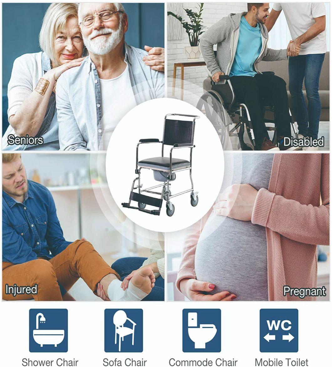 Hospital Elderly People Manual Foldable Commode Wheelchair with Toilet Bath