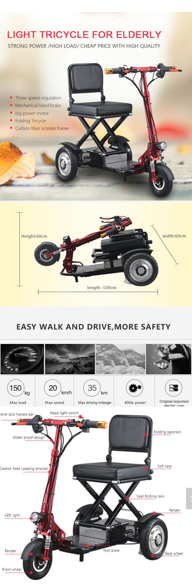 Aluminum Mix Steel Frame Scooter with Three Wheeler Old-Fashioned Tools