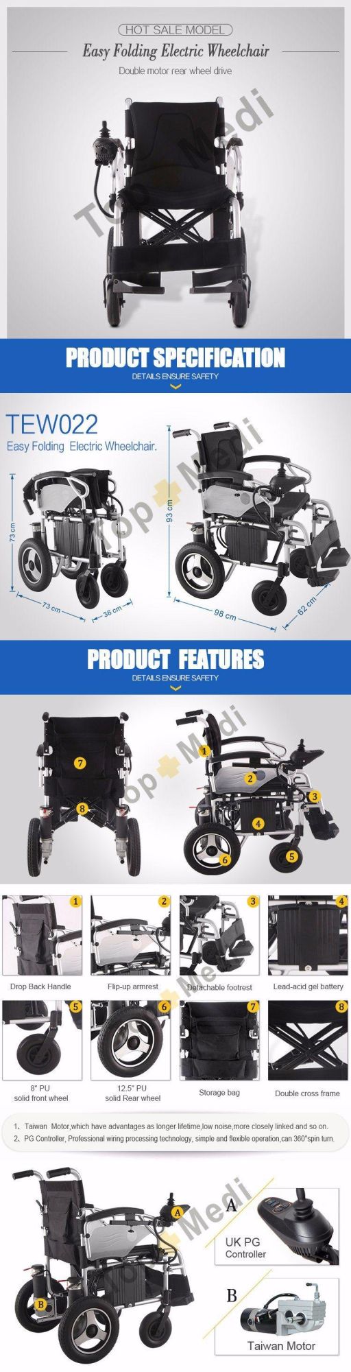 Medical Health Care Product PU Wheel Foldable Power Electric Wheelchair
