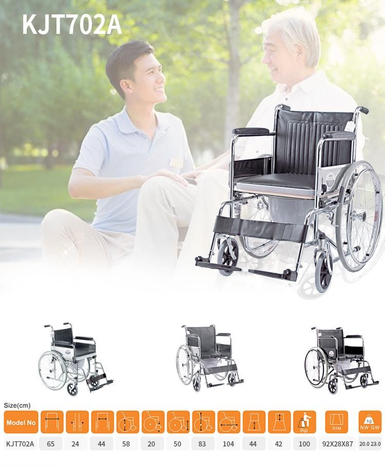 Hospital for Elderly Disabled Person Multifunctional Patient Steel Commode Wheelchair Seat Lift with Bucket Manual Wheel Chair Home Care Mobility