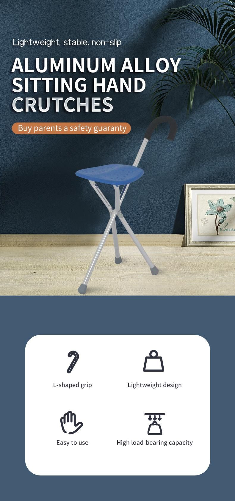Aluminum Triangle Foldable Walking Stick Stool Antiskid Elderly Walking Sticks with Chair
