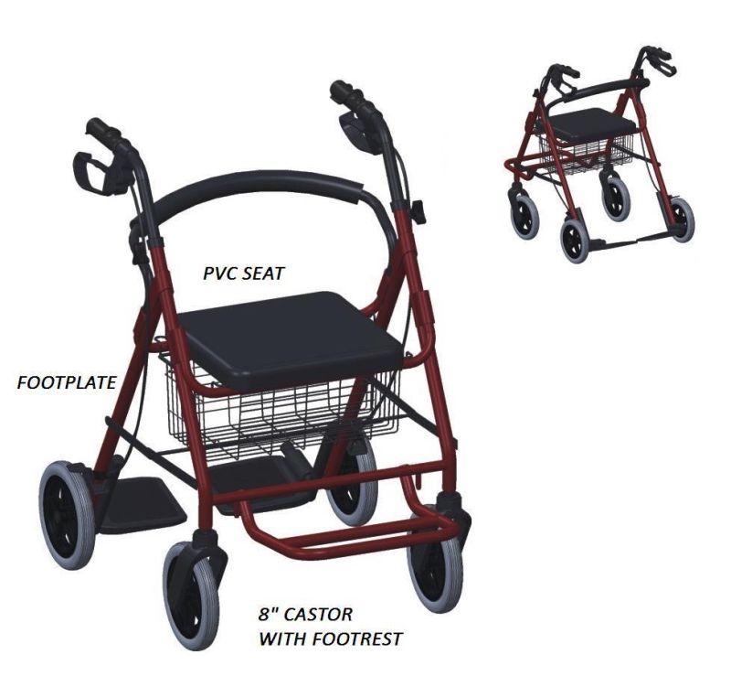 Aluminum Alloy Medical Mobility Walker Rollator with Footrest for Elderly