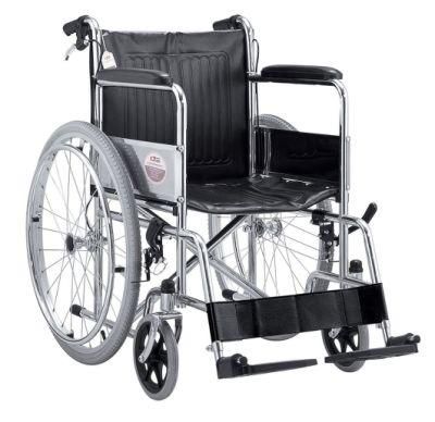 Chrome Cover Frame Steel Manual Wheelchair Fix Armrest and Footrest 24inch Pneumatic Tire Weight Capacity 100kgs Wheel Chairget CE FDA ISO13485