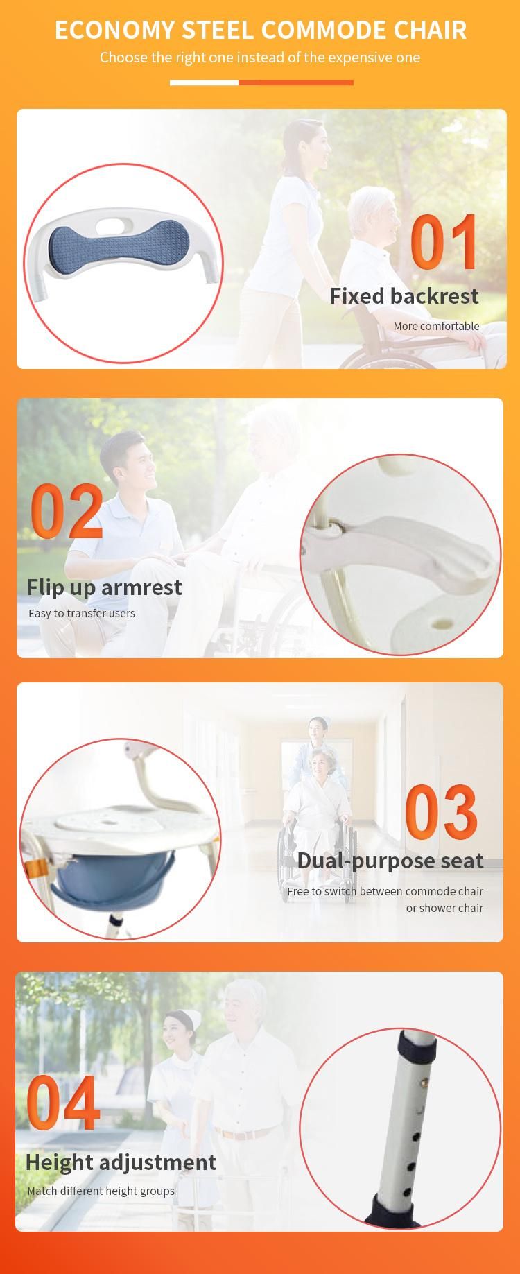 Toilet Seat with Soft EVA Back Cushion 3 in 1 Shower Chair Powder Coating Surface Height Adjust Lightweight Steel Commode Chair