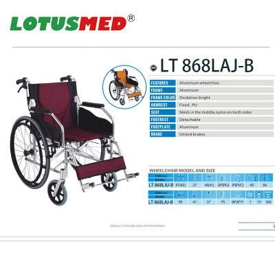 Lotus Upgraded Version Lt868laj-B Light Weight Stable Double Cross Bar United Hand Brake Aluminum Manual Wheelchair