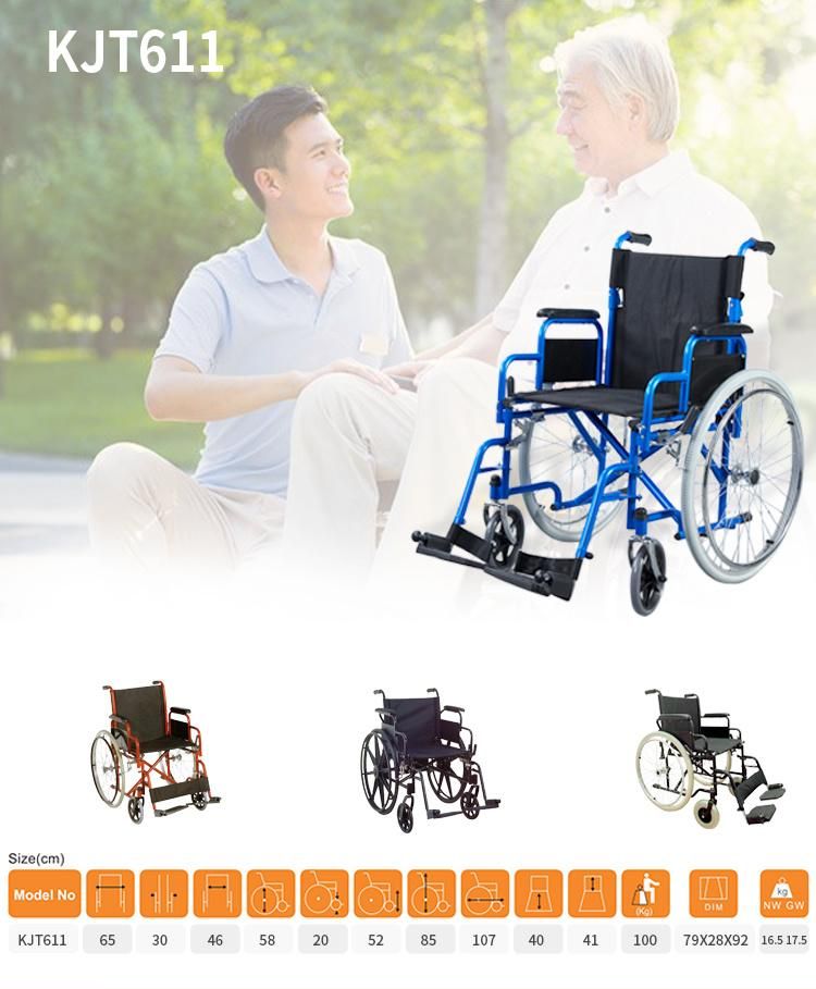 Blue Color Detachable Armrest and Footrest Drop Back Handle Manual Wheelchair Nylon Cushion PVC Armrest 24inch Rear Wheel Wheel Chair Weight Capacity 100kgs