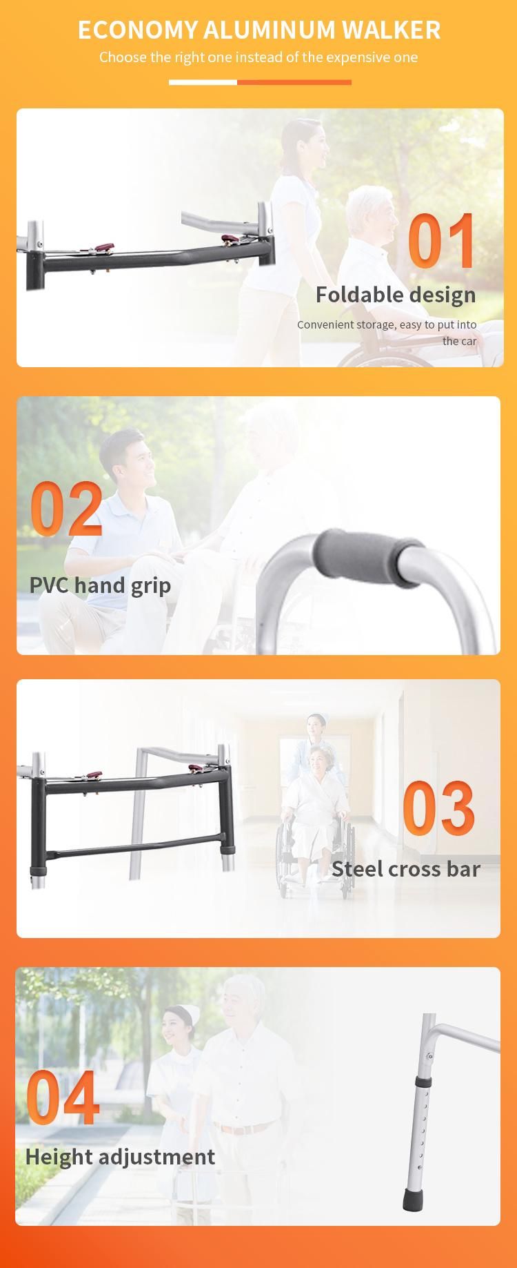 Height Adjustable Two Button Folding Mobility Aluminum Walker Rollator with Wheels Walking Frame Aids for Handicapped