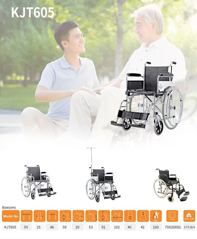 Detachable Armrest and Footrest Seat Width 24inch Rear Wheel Wheelchair Chrome Cover Frame 8 Inch Front Castor PVC Cushion Weight 100kgs Wheel Chair