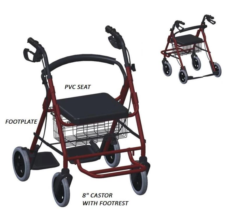 Lightweight Mobility 4 Wheeled Elderly Walker Rollator with Footrest Aluminum Walking Aid Frame
