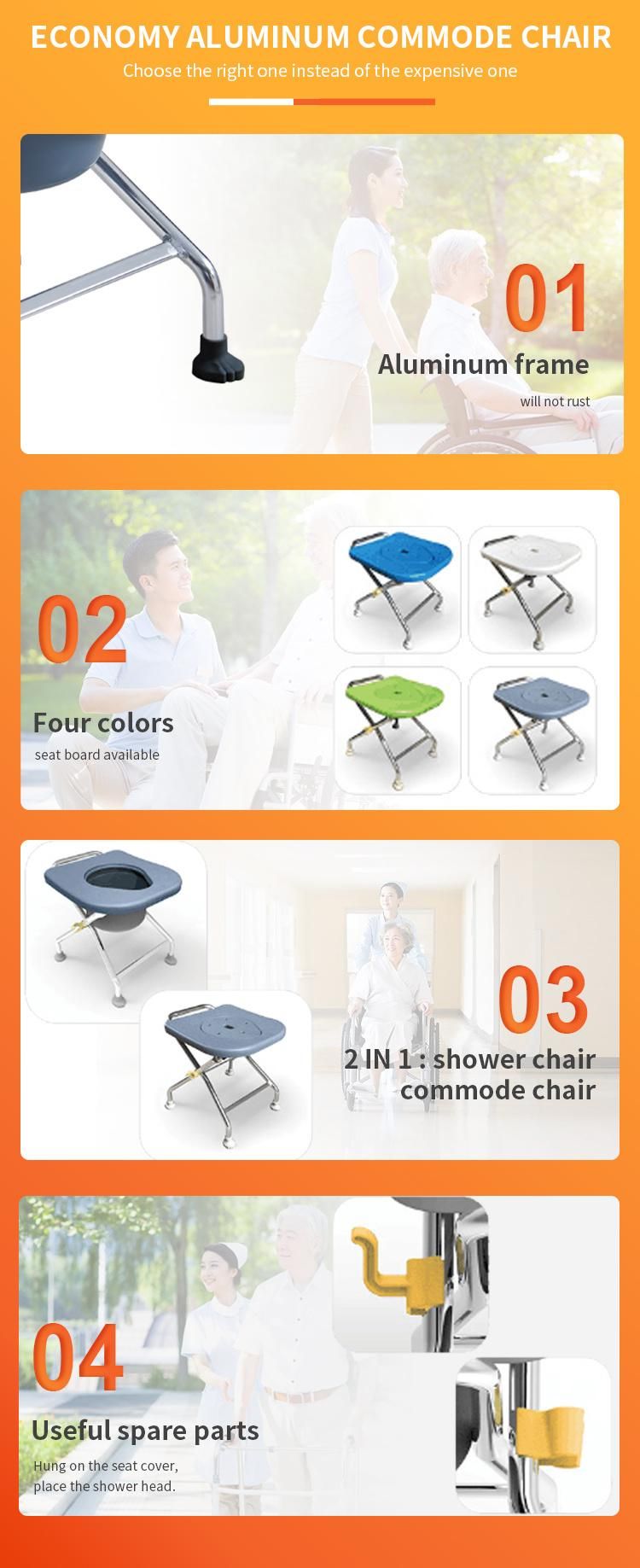 Commode Chair Foldable Toilet Seat Shower Stool with Potty Plastic Seat for Disabled Aluminum Folding Medical Equipment