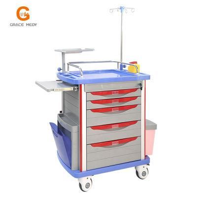 Hospital Mobile ABS Plastic Emergency Trolley Medical Resuscitation Cart 5 Drawers Foot Pedal Price