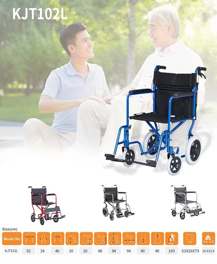 Transport Aluminum Wheelchair Fixed Armrest Detachable Footrest Nylon Cushion 12 Inch PU Rear Wheel with Hand Brake and Lock Meet CE FDA ISO13485
