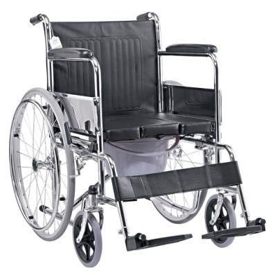 U Cut Shape PVC Cushion Steel Commode Wheelchair Manual Wheel Chair with Bucket Hospital Mobility Disabled People