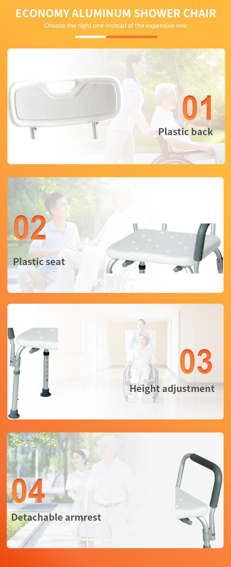 Aluminum Seat with Detachable Foam Armrest Disabled Bathing Seat Adjustable Height Shower Chair