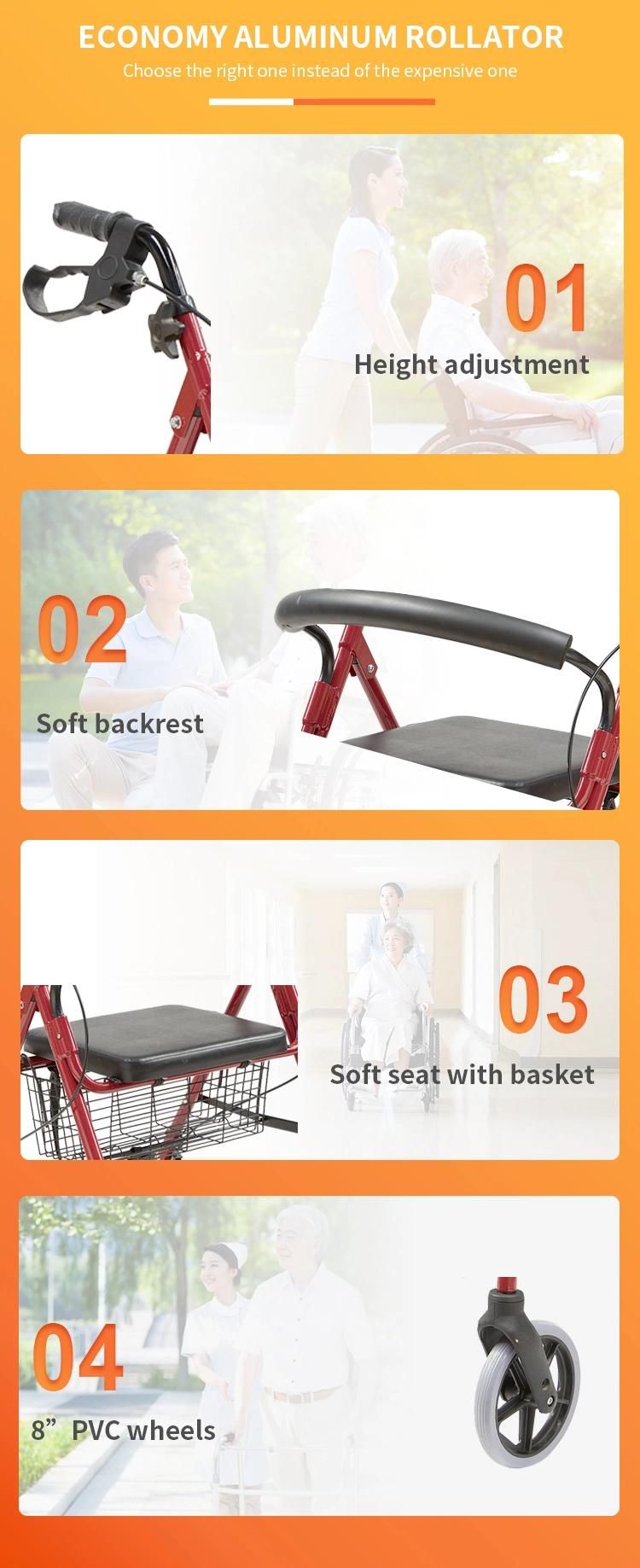8" Wheels Aluminum Rollator Walker with Seat Soft Backrest Easy Carry Folding Chair Shopping Basket for Elderly