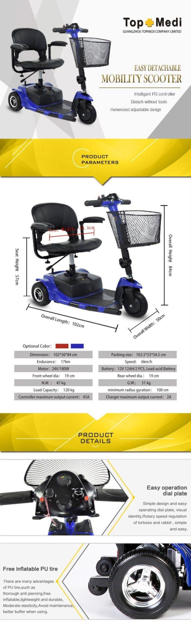 Three Wheel Lightweight Foldable Electric Mobility Scooter for Elderly