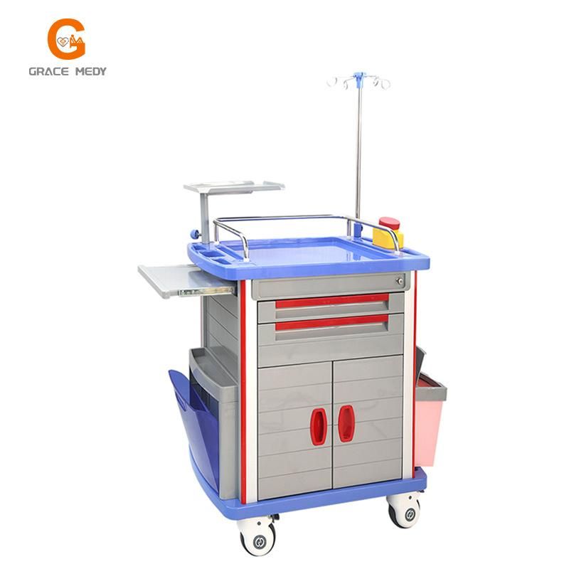 Hospital Mobile ABS Plastic Emergency Trolley Medical Resuscitation Cart 5 Drawers Foot Pedal Price