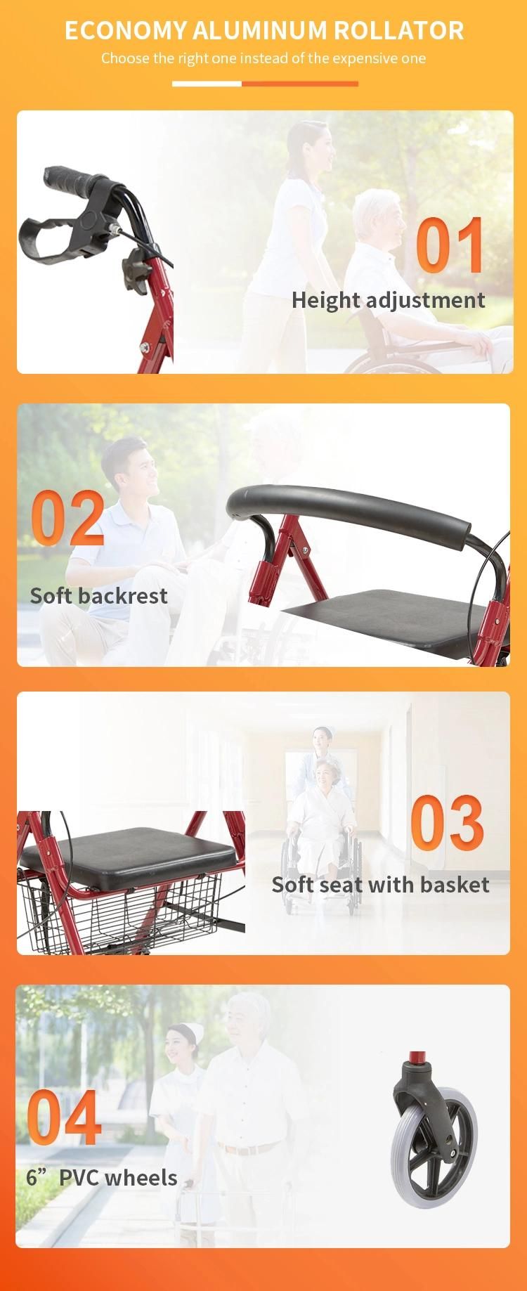 6" Wheels Aluminum Rollator Walker with Seat Soft Backrest Easy Carry Folding Chair Shopping Basket for Elderly