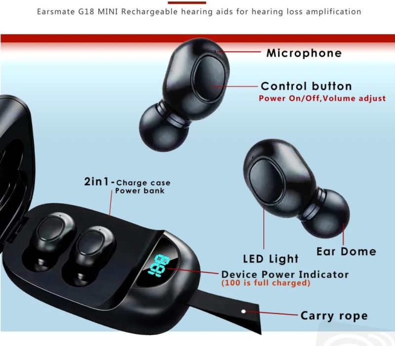 Bluetooth Earphone Design New Hearing Aid in Ear Analog Rechargeable Hearing Aids Assist Deaf Hearing Voice Sound Amplifier Factory Price by Earsmate E19