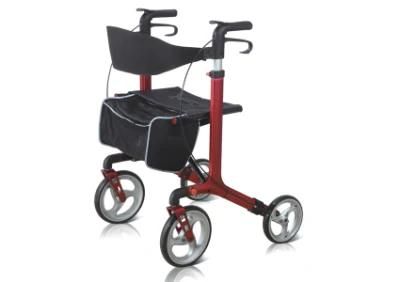 Lightweight Folding Walking Aid Wheelchair Walker Walking Rollator with Seat, Footrest, Bag - Red