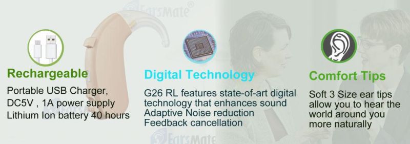 Digital Hearing Aid Rechargeable Mini Bte Aids Hearing Loss G26rl