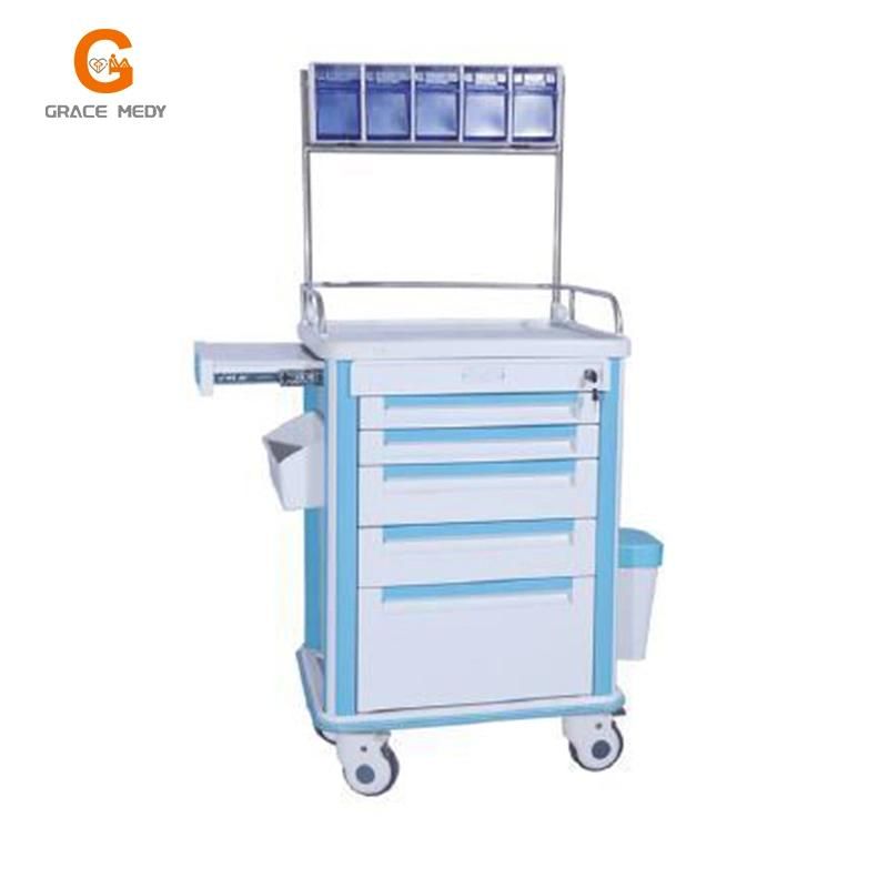 OEM in Promotion ABS Medical Emergency Ambulance Nursing Moving Hospital Crash Trolley Cart with Different Height Slot Drawers and CPR Board Cable Holder