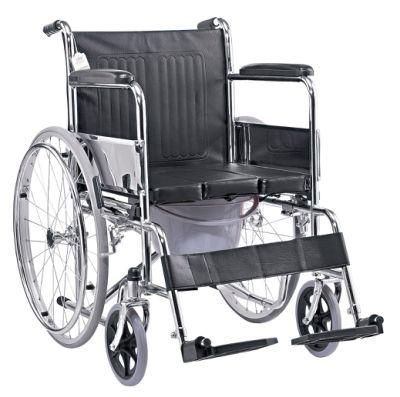 U Cut Shape PVC Cushion Steel Commode Wheelchair Manual Wheel Chair with Bucket Hospital Mobility Disabled People Toilet
