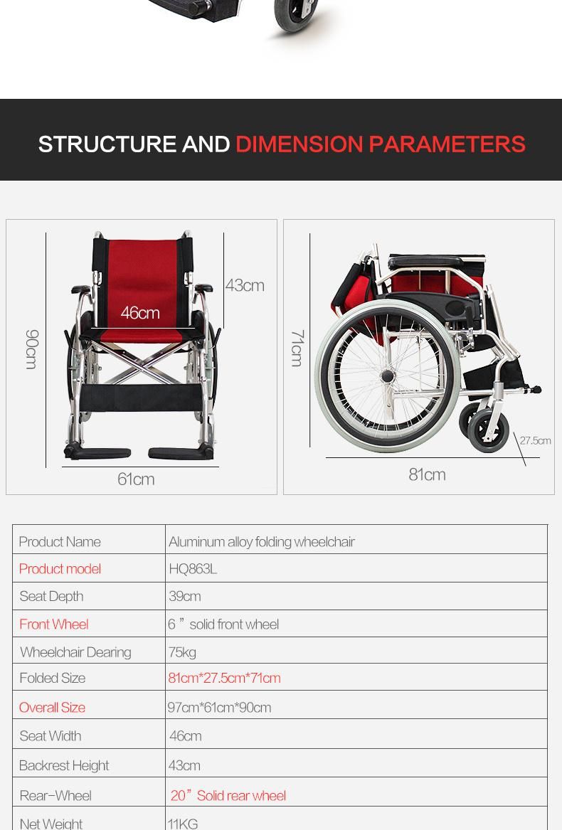 Hanqi Hq863L High Quality Aluminum Manual Wheelchair for Disable or Senior Patient