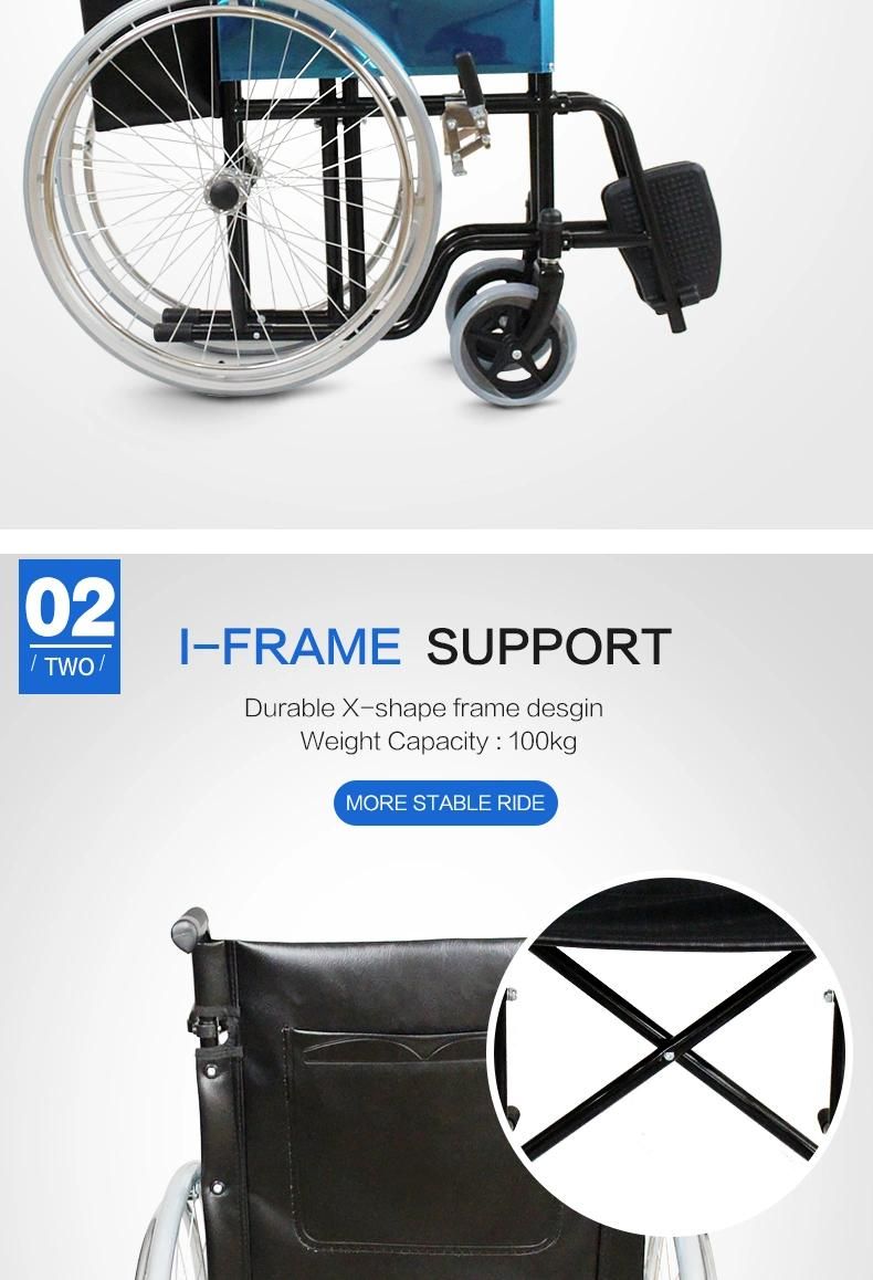 Folding Wheel Chair Chrome Steel Frame Manual Wheelchair for Disable