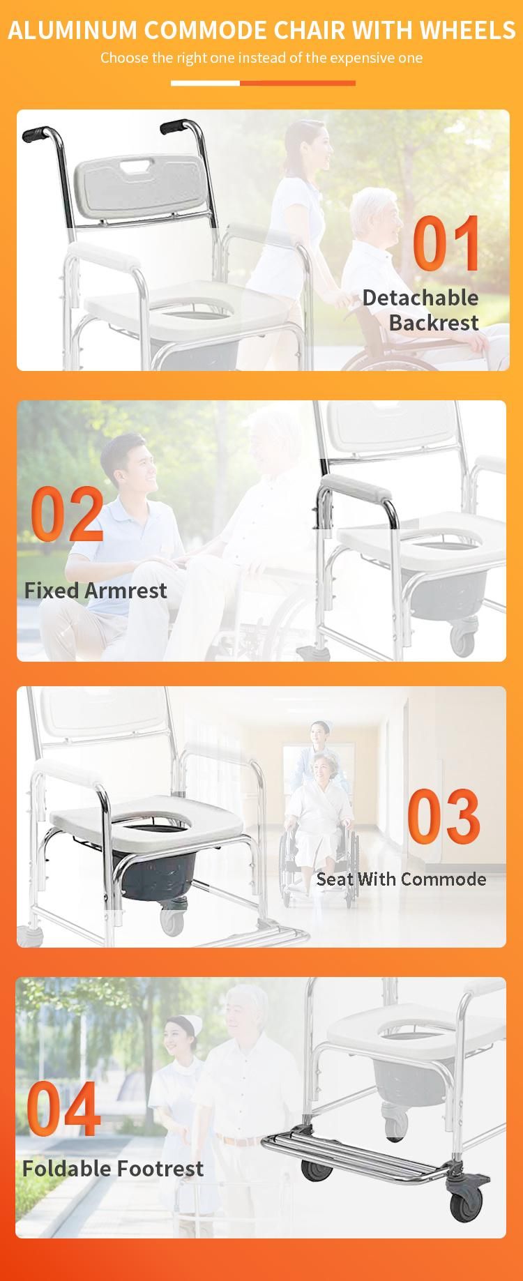Aluminum Shower Chair Bathroom Commode Chair with Wheel Toliet Chair Transfer Nursing Wheelchair