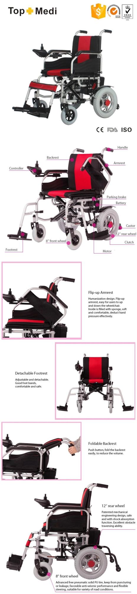 Medical Equipment Wheel Chair Loading Capacity 120kg Motorized Electric Wheelchair