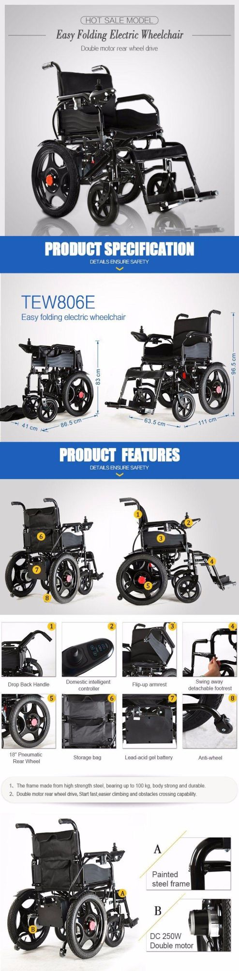 2020 Hot Sale Battery Electric Foldable Wheelchair for Disabled and Adults