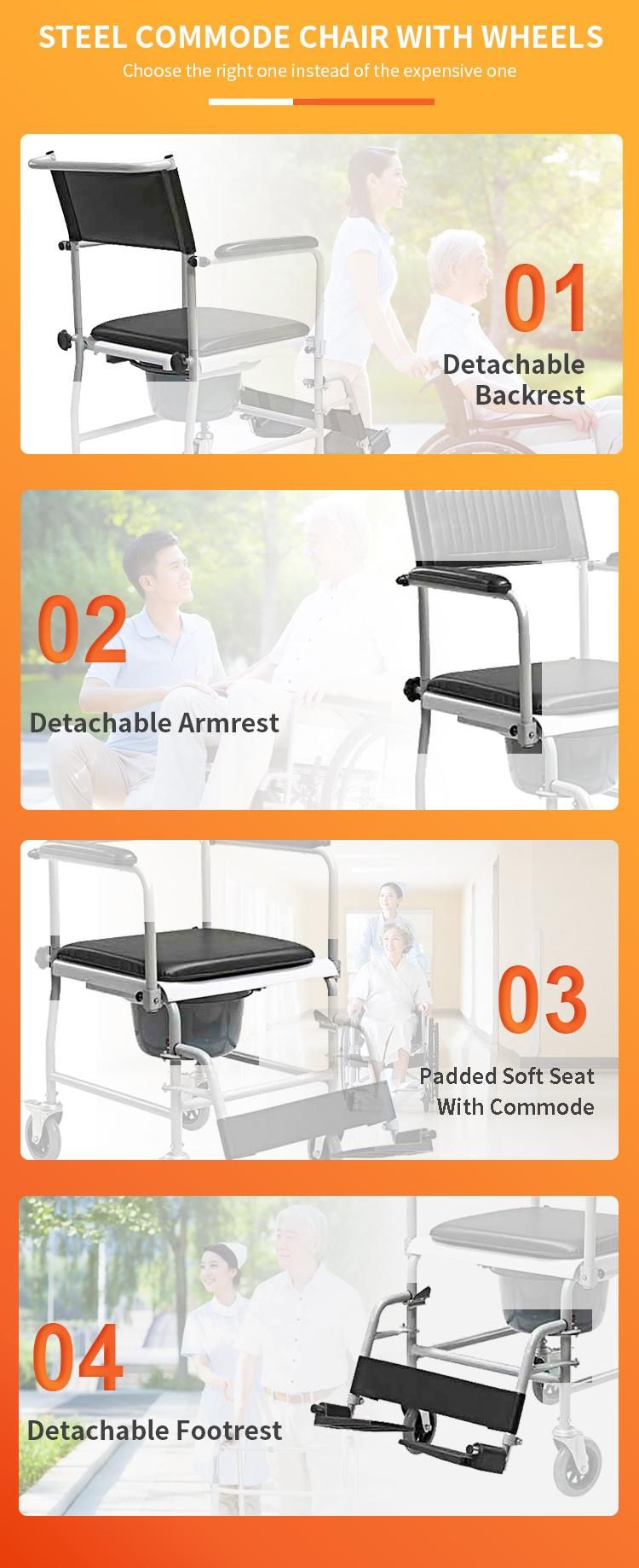 Cheap Price Folding Bathroom Commode Chair with Bucket Patient Toilet Chair Wheelchair for Elderly Steel Commode Wheel Chair