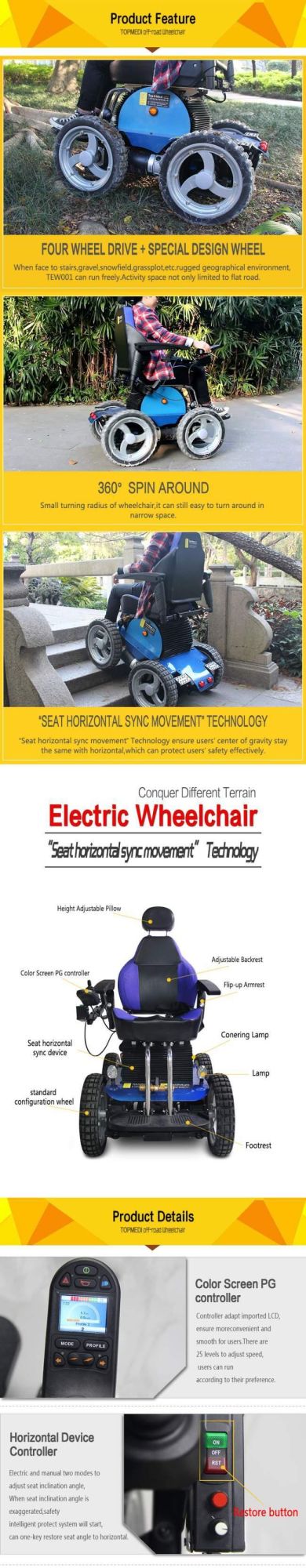 Outdoor Climbing Electric Power Wheelchair with 4 Wheels Driven