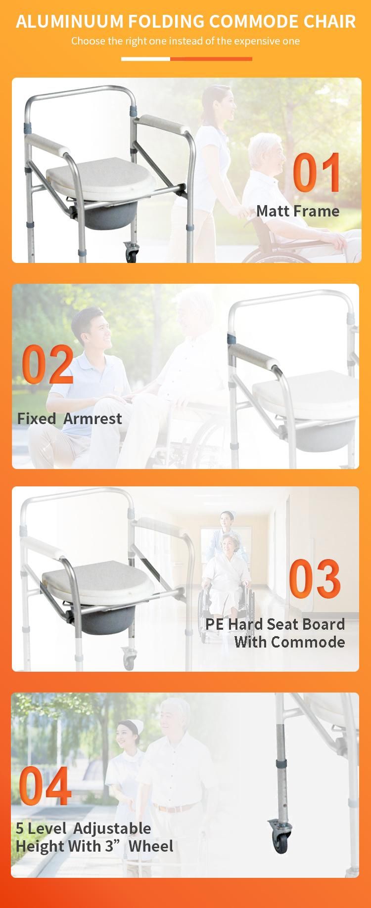 Aluminum Commode Chair Wheelchair Height Adjustable Folding Plastic Seat Toilet Bathroom Wheels 3" Castor