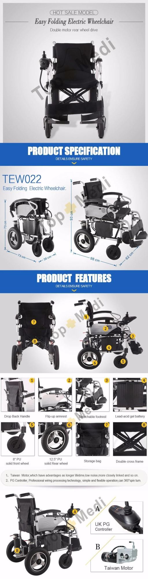 Medical Equipment Elderly Handicapped Folding Electric Battery Powered Operated Wheelchair
