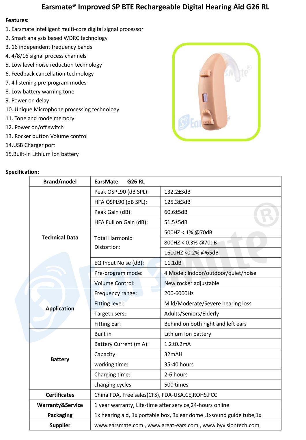 Earsmate New Digital Bte Aids Hearing Aids 16 Channels and 4 Program Modes Rechargeable Battery G26 Rl