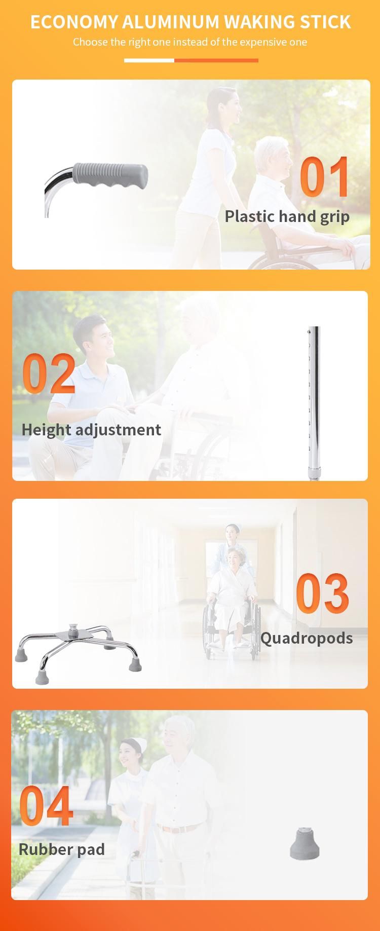 Hot Selling 4 Foot Aluminum Silver Frame Easy Carry portable Adjustable Height Walking Stick Weight Capacity 100kgs Get CE FDA ISO13485
