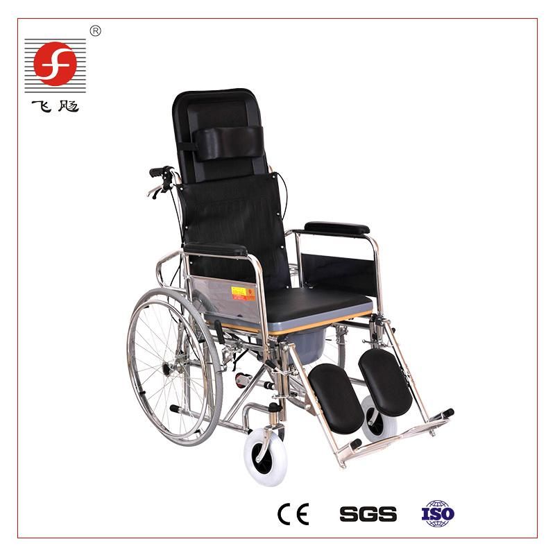 Disabled Elderly Portable Full Lying Pulley Toilet Chair, Basin Bedpan Steel Wheelchair