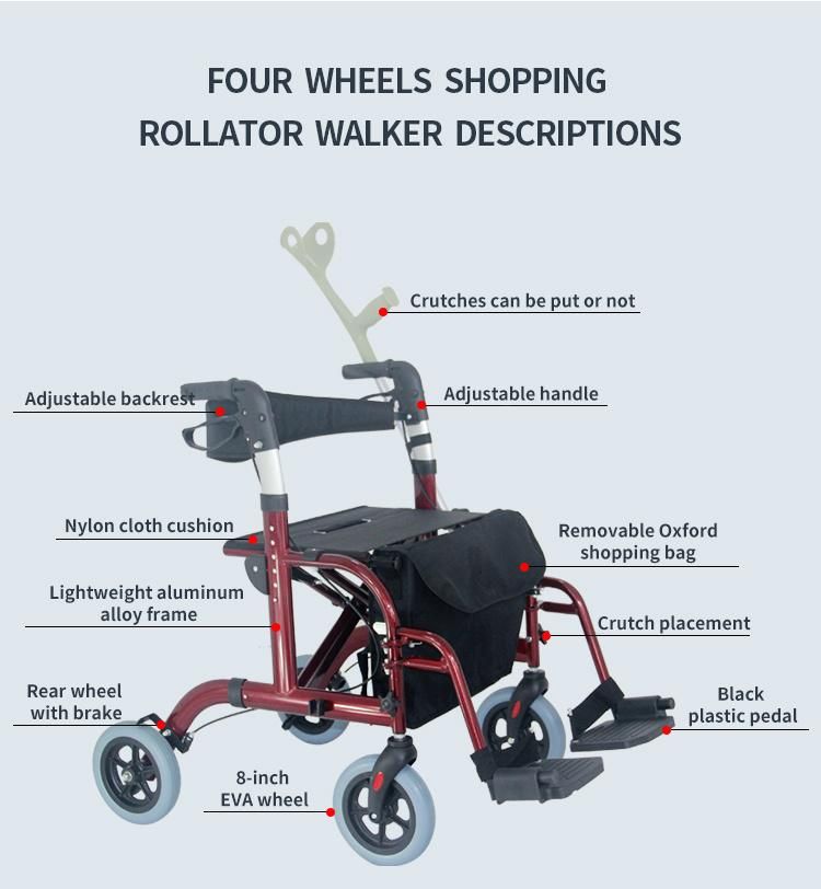 2-in-1 Aluminum Rollator Transport Chair Walker for Eldelry Walking Aid