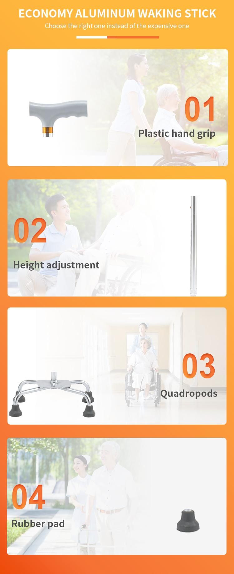 Silver Color Frame Aluminum Lightweight Easy Carry portable Adjustable Height 4 Legs Walking Stick Weight Capacity 100kgs Have CE FDA ISO13485