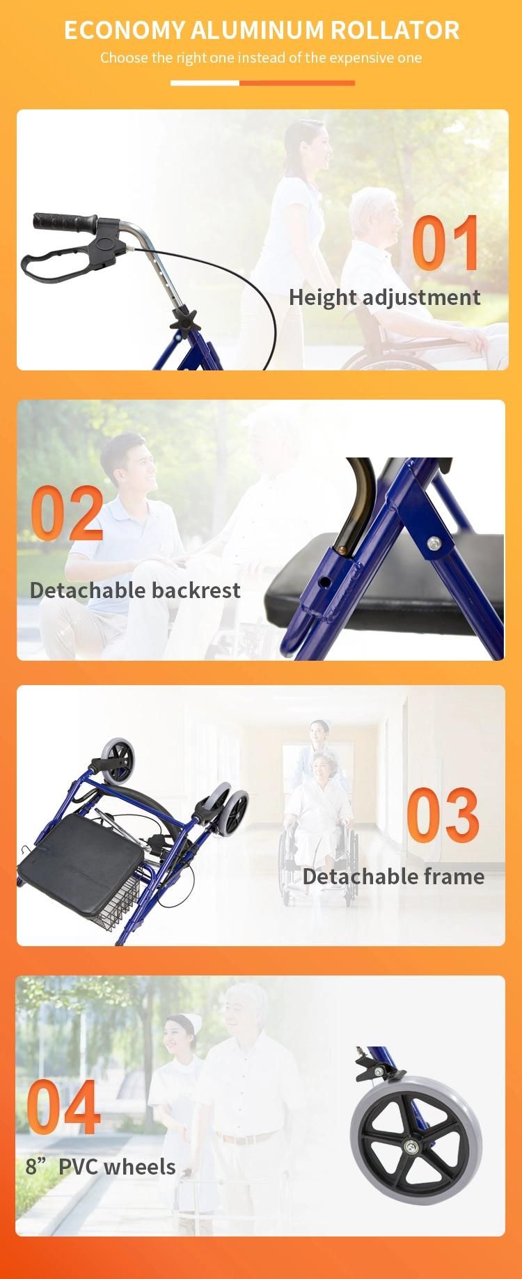 Blue Color Aluminum Transport Rollator Easily Foldrd for Storage and Travel with 6inch 4 Wheels Padded PVC Soft Seat Cushion Rehabilitation Medical Equipment