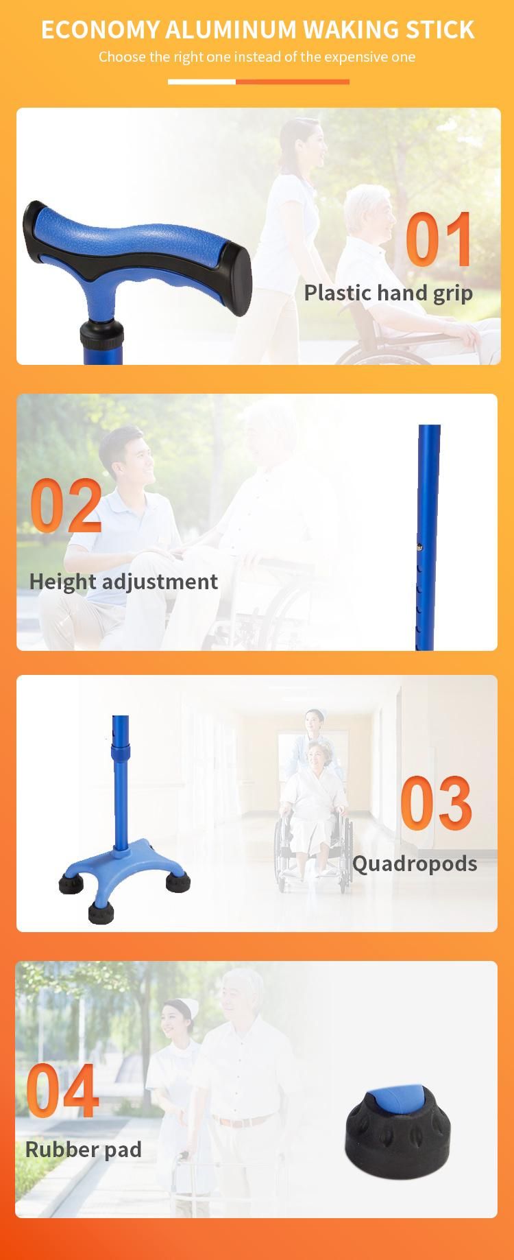 Lightweight Adjustable Height Foldable 4 Four Legs Walking Stick Elderly Aluminum Quad Cane for The Disabled
