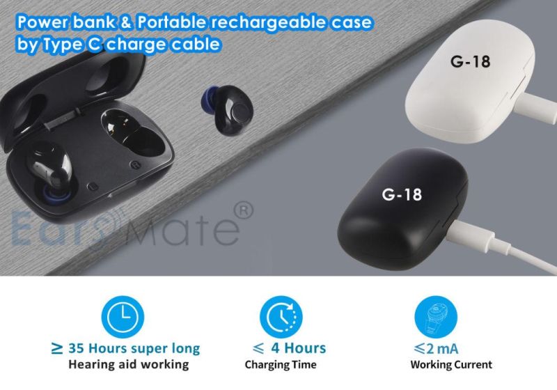 Earsmate G18 Wholesale Bluetooth Rechargeable Case Mini Ear Hearing Aid Non Programmable Analog Voice Hearing Sound Amplifier Aids Product Packed 2PCS