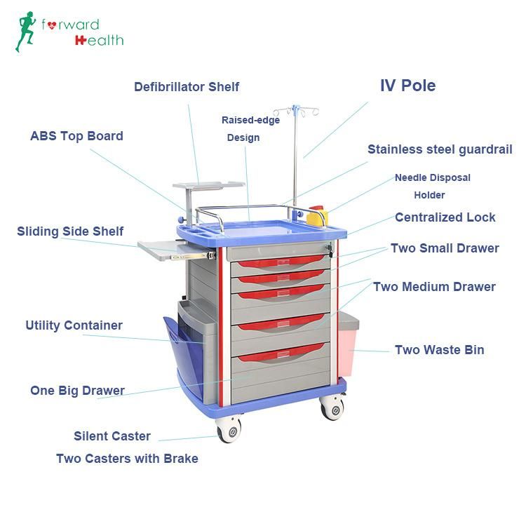 Cheap Hospital ABS Plastic Mobile Emergency Trolley Medical Resuscitation Crash Cart with 5 Drawers