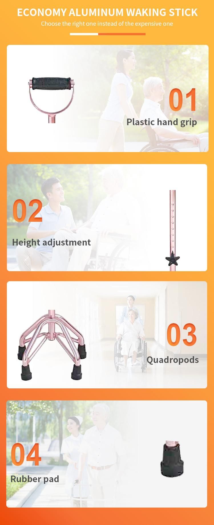 New Design Aluminum Lightweight Can Adjustable Height 4 Foot Walking Stick Cane Weight 100kgs for Disable People and Pregnant Woman