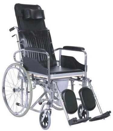 Hospital Detachable Reclinging Toilet Chair Commode Wheelchair with Plastic Commode