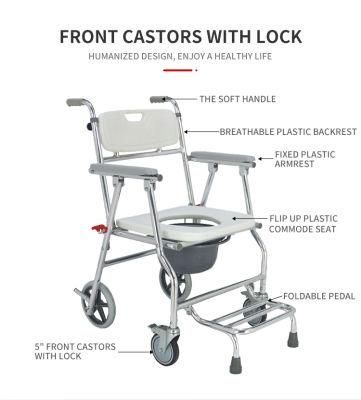 Medical Equipment Shower Commode Chair Foldable Bedside Chair Commode with Wheels