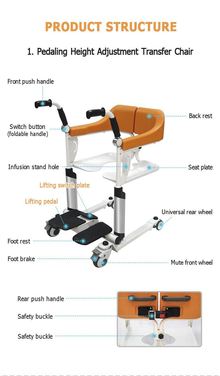 Multifunction Medical Pedal Transfer Toilet Lift Seat Commode Chair