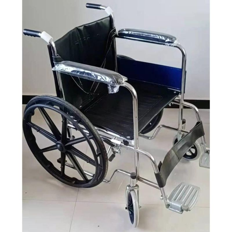 Hospital Chromed Steel Toilet Commode Chair Wheelchair with ISO 13485 Approved